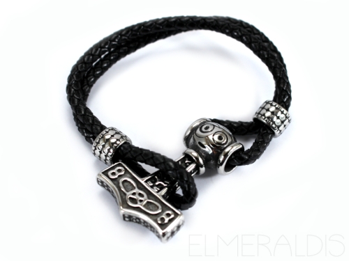 Armband Thors Hammer Kunstleder geflochten schwarz Edelstahl Verschluss silberfarben