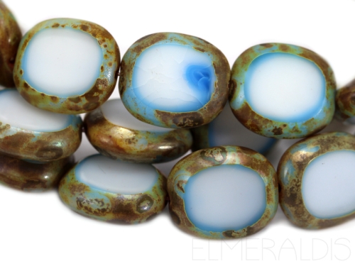 14mm Candy Beads Puffy Pillow Carved Oval White Aqua Picasso Glasperlen weiss hellblau 2x