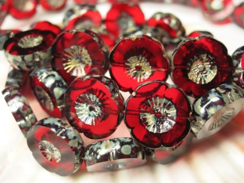 2x Flower Ruby Red Picasso Glasperlen