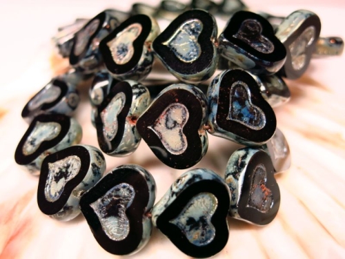 2x Heart Black Jet Picasso Glasperlen