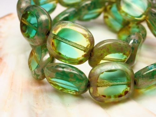 14mm Candy Beads Puffy Pillow Carved Oval Emerald Picasso Glasperlen 2x