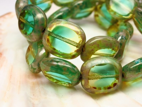 14mm Candy Beads Puffy Pillow Carved Oval Emerald Picasso Glasperlen 2x
