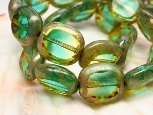 14mm Candy Beads Puffy Pillow Carved Oval Emerald Picasso Glasperlen 2x