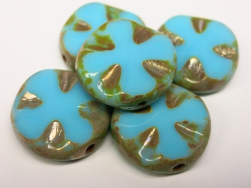 2x Cross Coin Turquoise Blue Glasperlen
