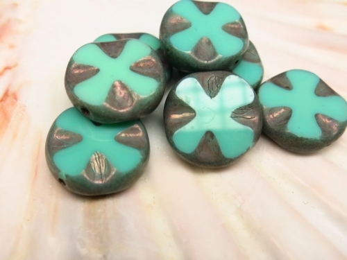 2x Cross Coin Turquoise Mint Glasperlen