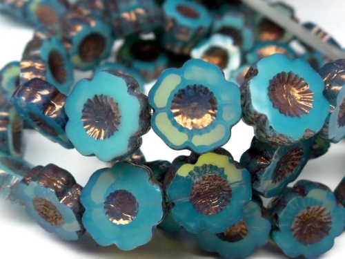 2x Flower Aqua Opal Bronze Glasperlen
