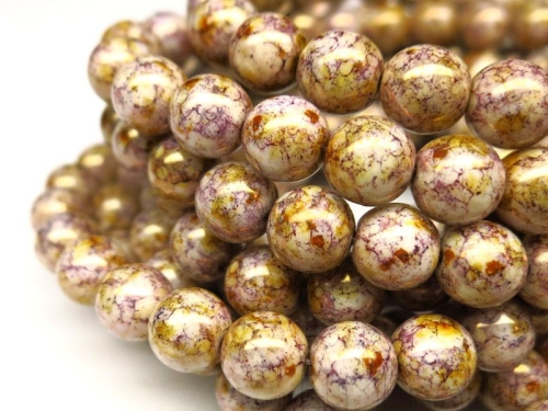 5 Glasperlen White Purple Gold Luster 8mm rund