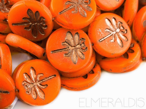 23mm Dragonfly Beads Orange Matte Bronze Picasso 1x