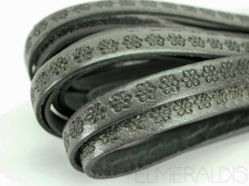 10mm Lederband flach Grey Flower Blume grau 20cm
