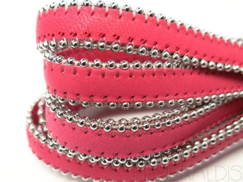 20 cm Lederband flach Fuchsia 8mm Metallkugeln