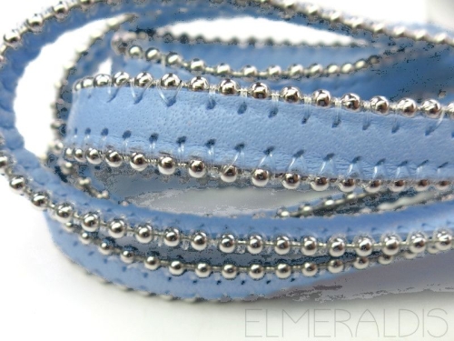 20 cm Lederband flach Sky Blue 8mm Metallkugeln