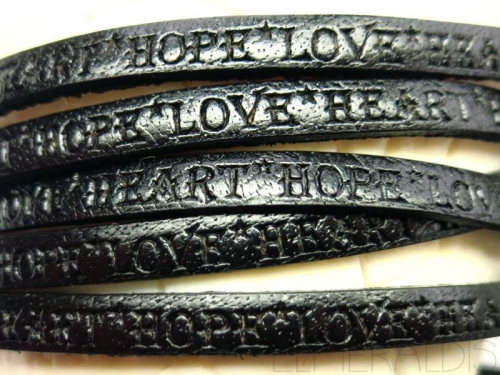 5mm Lederband flach HOPE LOVE HEART Black schwarz 20cm