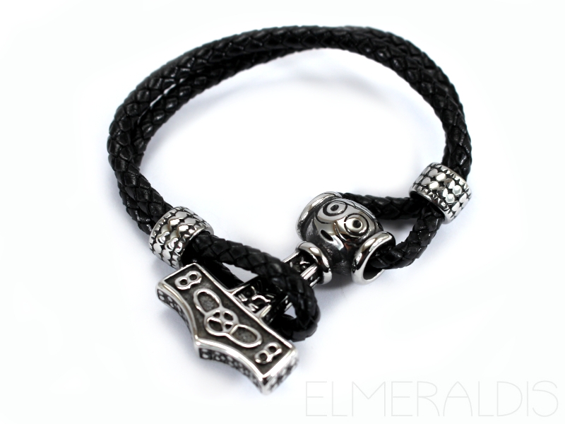 Armband Thors Hammer Kunstleder geflochten schwarz Edelstahl Verschluss silberfarben