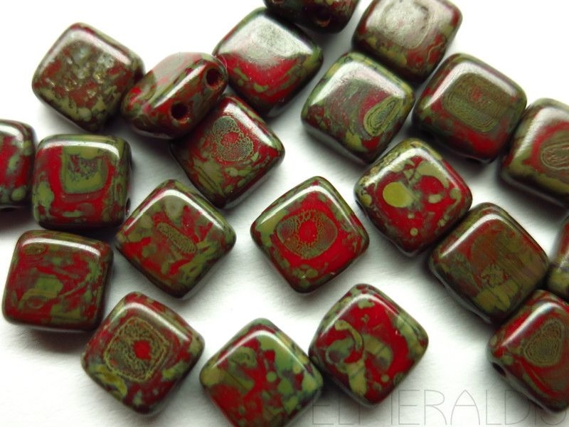 25 CzechMates™ Tile Beads Opaque Red Picasso 6mm
