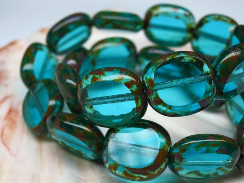 14mm Candy Beads Puffy Pillow Carved Oval Petrol Picasso Glasperlen 2x