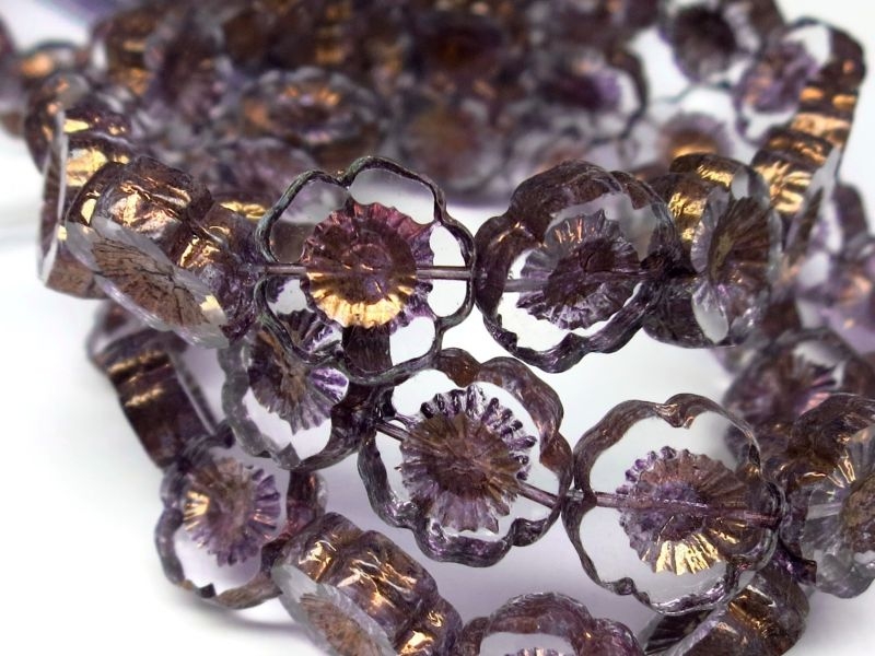 2x Flower Crystal Purple Bronze Glasperlen