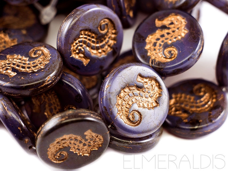 23mm Seahorse Beads Dark Purple Bronze Picasso violett 1x