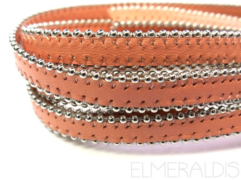 8mm Lederband flach Rand mit Metallkugeln Peach orange 20cm